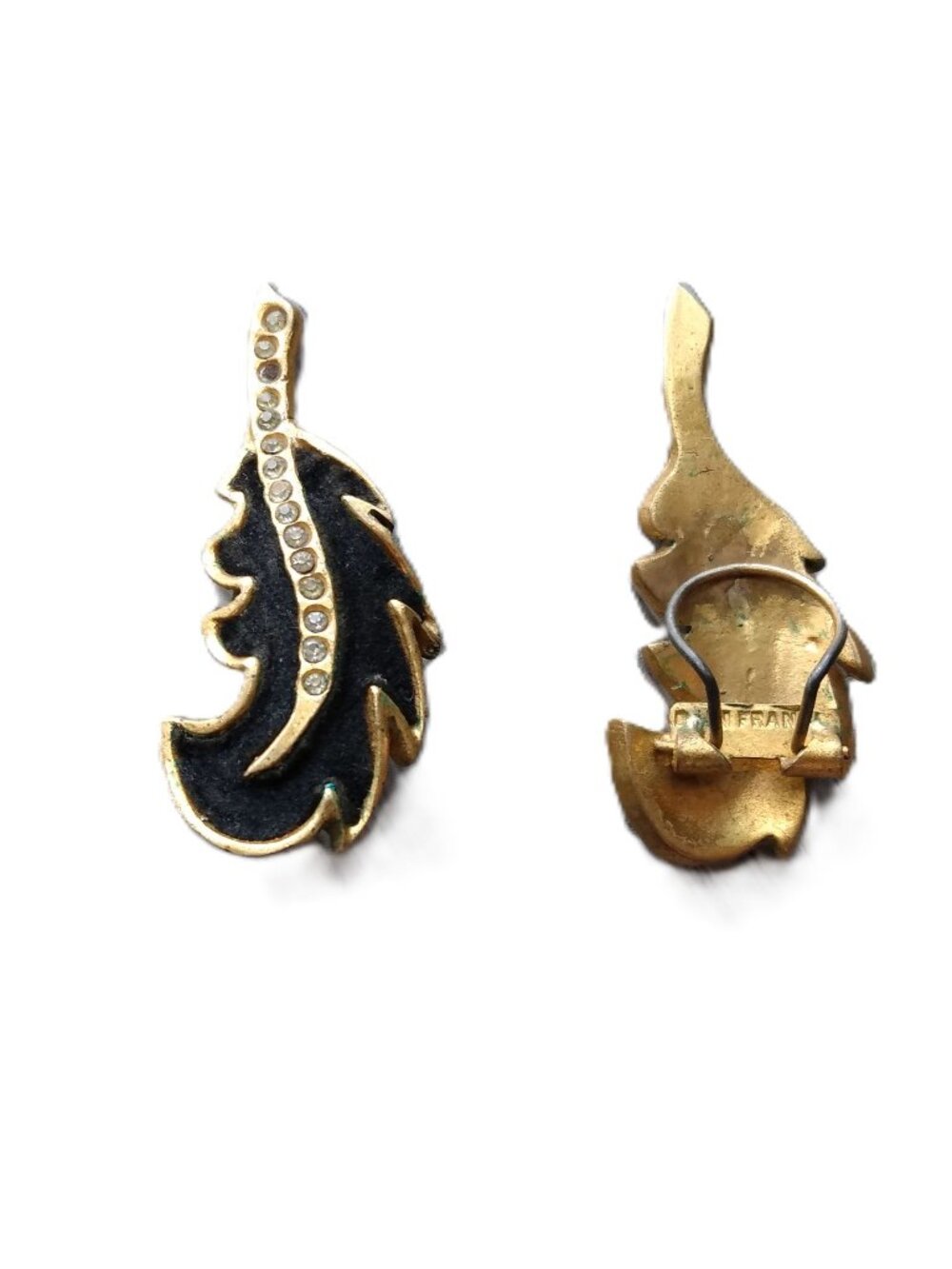 Vintage 40s Leaf Earrings "Henry a la Pensee" France Black Suede Gold Tone